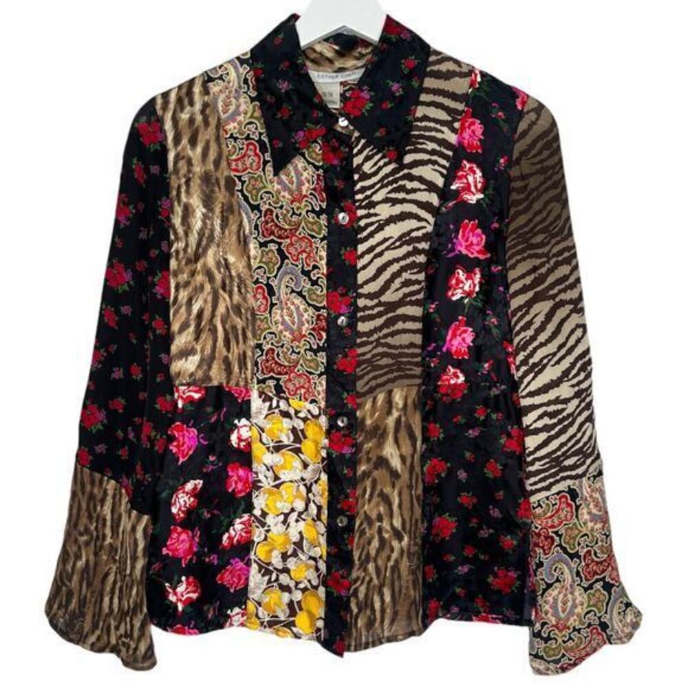 ESTHER CHEN Silk Patchwork Blouse Animal Paisley Floral Print Button Up‎ Size 4